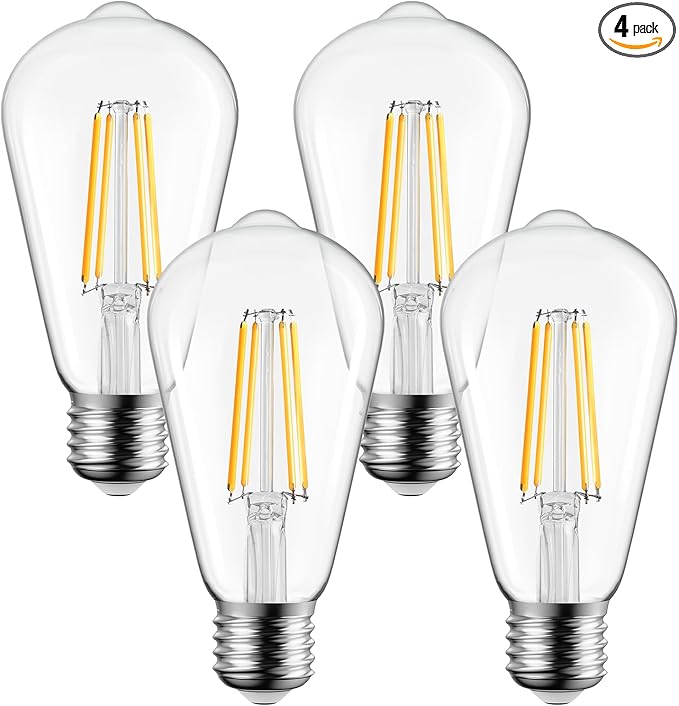 Brightown 4 Pack LED Edison Bulbs, 6W, Equivalent 60W, High Bright 2700K Warm White,750 Lumens, Non-Dimmable, E26 Medium Base ST58 Antique Filament Bulbs with 83+ CRI for Ceiling Fan Bathroom Porch