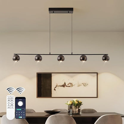 ORANOOR Modern LED Pendant Lights, Dimmable 47in Linear Globe LED Chandelier Lighting, Black & Gold Dining Room Hanging Light Fixtures Kitchen Island 5-Globe Pendant Light for Dining Table (3150lm)