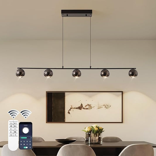 ORANOOR Modern LED Pendant Lights, Dimmable 47in Linear Globe LED Chandelier Lighting, Black & Gold Dining Room Hanging Light Fixtures Kitchen Island 5-Globe Pendant Light for Dining Table (3150lm)