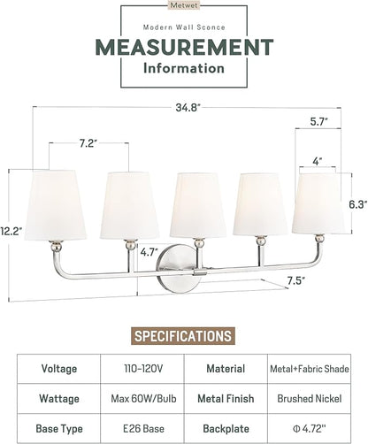 Bathroom Light Fixtures, 5 Light Brushed Nickel Vanity Lights with Flared White Fabric Shade, 35 Inch Wall Sconce, Modern Sconces Wall Lighting for Hallway Bedroom, VL837-BN-5