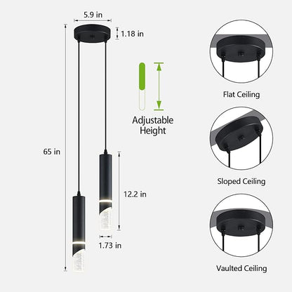Modern Dimmable Led Pendant Lights Kitchen Island, Ideal for Living Room, Bedroom,Sink 12w LED Crystal Energy-Saving Hanging Lamp for Cozy Lighting (Black 2 Light)