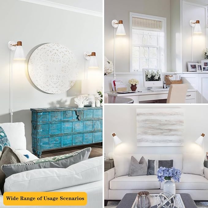 White Plug in Wall Sconces Set of 2, Modern Wall Light with Plug in Cord, Wooden Plug in Sconce with Hammered Metal Shade, Corded Wall Sconce Light Wall Lamp for Bedroom, Living Room, Hallway