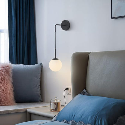 BOKT Lighting Black 1-Light Frosted White Glass Wall Sconce Mid Century Modern Globe Ball Bathroom Wall Light Rustic Industrial Bedroom Bedside Wall Reading Lamp (Black+White)