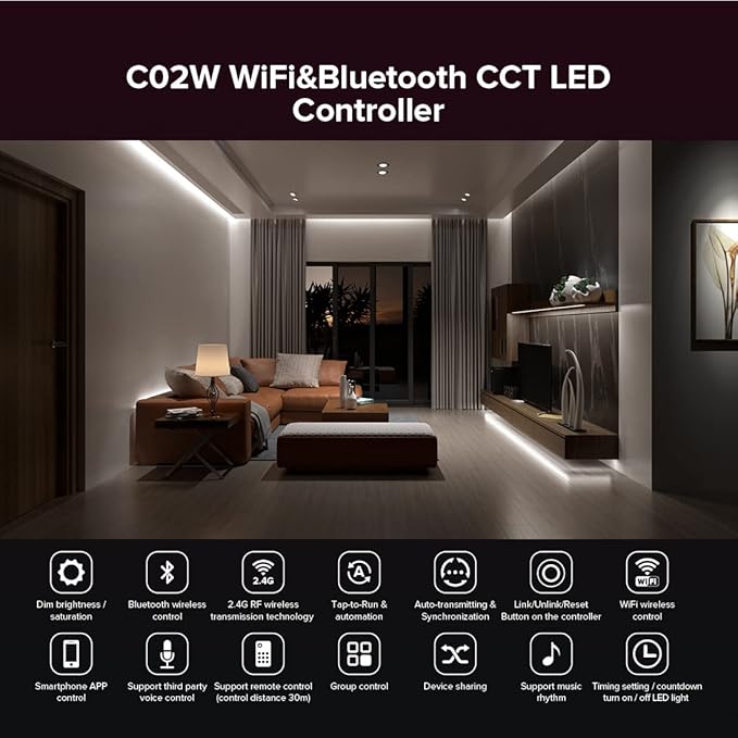 SEZO C02W WiFi Bluetooth Dual White LED Strip Controller Group Control Support Tuya Smart Life APP/Voice Control Compatible with LM091 LM096 LM007 LM097 CCT Remote DC12-24V