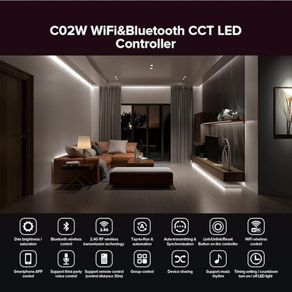 SEZO C02W WiFi Bluetooth Dual White LED Strip Controller Group Control Support Tuya Smart Life APP/Voice Control Compatible with LM091 LM096 LM007 LM097 CCT Remote DC12-24V