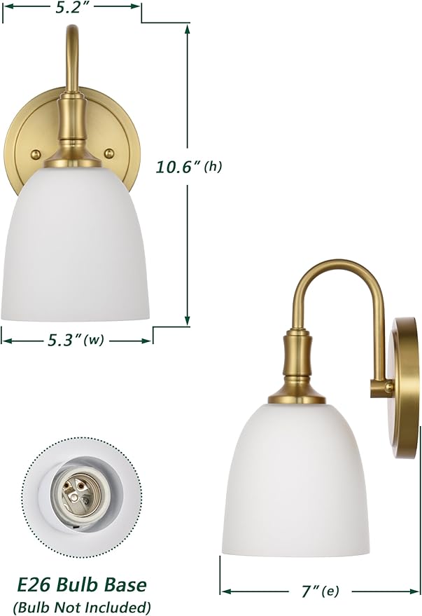 Gold Vintage Traditional 1-Light Indoor Wall Sconce with Frosted Glass Bathroom Bedroom Hallway, 10.6" H x 5.3" W, Aged Brass