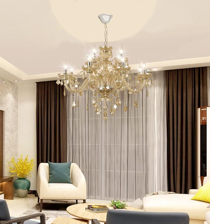 Modern Luxury K9 Crystal Chandelier, 12-Light Cognac Crystal Pendant Light,Candle Style Crystal lamp Lighting Fixture for Dining Room,Hotels, Hall Way, Bars, Restaurants (12 Lights)