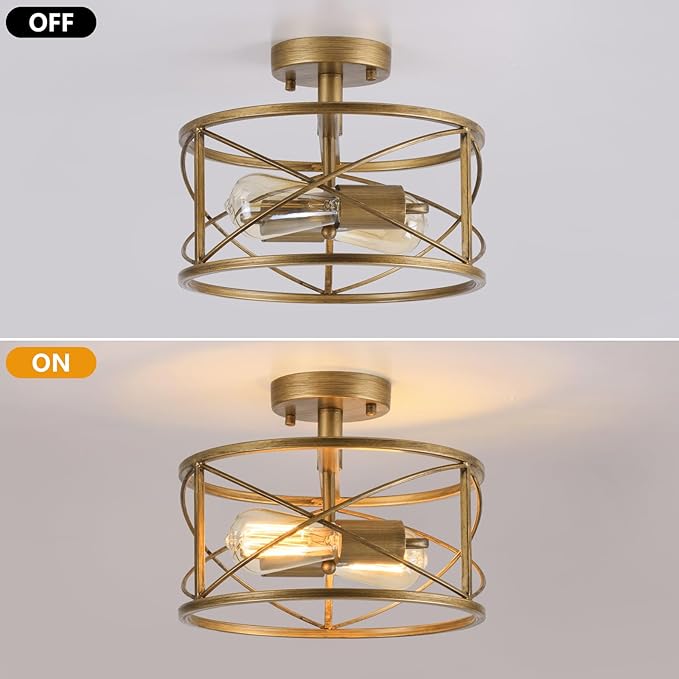 2-Light Semi Flush Mount Brushed Brass Ceiling Light Fixture, Farmhouse Industrial Metal Cage with Adjustable Height, Dimmable for Hallway Entryway Kitchen Bedroom Foyer Laundry Low Ceiling