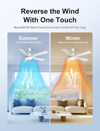 Rayqueen 52 Inch Ceiling Fans with Lights and Remote, 6 Speed Reversible DC Motor, 3CCT Dimmable LED, 5 Blades, White Modern Ceiling Fan for Bedroom, Living Room & Covered Outdoor, Includes Downrod