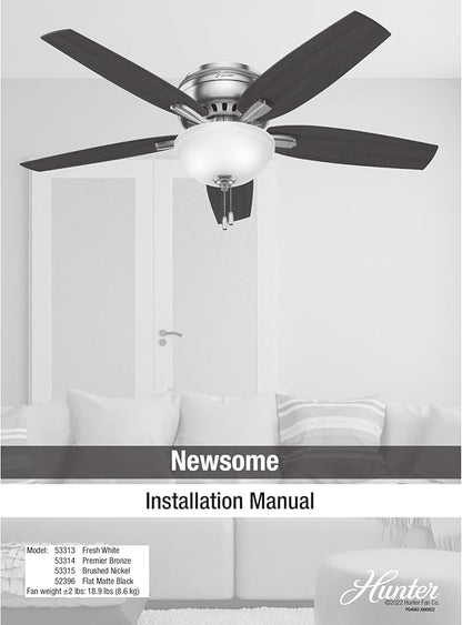 Hunter 52 inch Indoor Ceiling Fan with LED Light - Black Ceiling Fan with Pull Chain, For Bedroom or Living Room, Low Profile Flush Mount, 5 Blades, Includes Bulbs - Newsome 52396, Matte Black