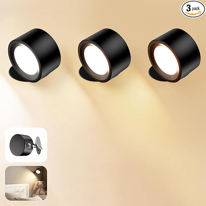 Wall Mounted Lamp LED Wall Lights with Rechargeable Battery Operated, 3 Color Temperatures & 3 Brightness Levels 360°Rotate Magnetic Ball, Cordless Sconces for Reading Bedroom Bedside,White-3 Pack