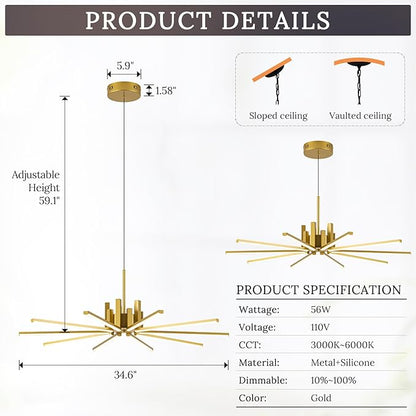 Gold Modern Sputnik Chandelier with Remote Control, 56W 3-Color Temperature Dimmable LED Chandelier for Dining Room, Hanging Adjustable Pendant Light for Living Room Kitchen Foyer Entryway