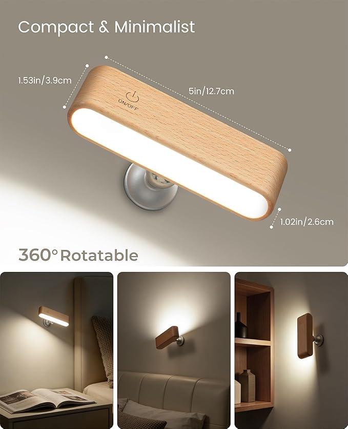 Wood LED Wall Sconce, Magnetic 360° Rotatable Wall Mounted Night Light & Reading Light, Small Rechargeable Battery Powered Bedside Wall Lamp for Bedroom, Living Room, Beech Wood