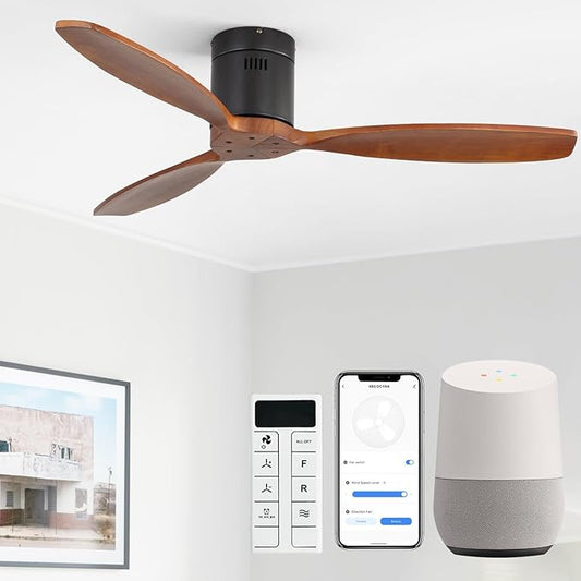 Sofucor 52 Inch Smart Ceiling Fans without Light-Modern Solid Wood Outdoor 3 Blades Ceiling Fan No Light APP Remotel Control for Bedroom Living Room Indoor Farmhouse Patio, DC Motor,Black Walnut