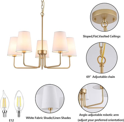 AMZASA Farmhouse Chandelier, 5-Lights Visual Comfort Gold Light, Muted Gold with White Fabric Shade, Linear Island Lighting Fixture for Kitchen, Dining Room