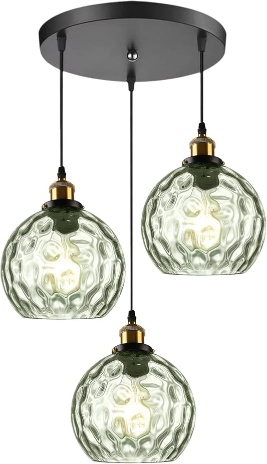 3-Light Pendant Lighting Green Hammered Glass Kitchen Light Fixtures Ceiling Hanging Kitchen Lights Over Island Mid Century Modern Globe Cluster Chandelier Black and Gold for Dining Room