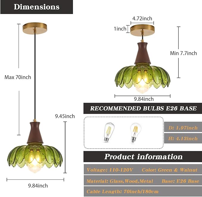 YLONG-ZS Glass Pendant Light,Pendant Lights Kitchen Island,Modern Green Glass Flower Pendant Light, Walnut Wood Vintage Kitchen Hanging Lights for Kitchen Island Dining Room Living Room Bedroom Hotel