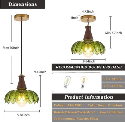 YLONG-ZS Glass Pendant Light,Pendant Lights Kitchen Island,Modern Green Glass Flower Pendant Light, Walnut Wood Vintage Kitchen Hanging Lights for Kitchen Island Dining Room Living Room Bedroom Hotel