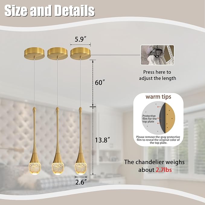 ykolupty Modern Pendant Lights for Kitchen lsland LED Dimmable Raindrop Chandelier Crystal Ceiling Pendant Lighting for Dining Room Hallway Bar Living Room (1 Pack)