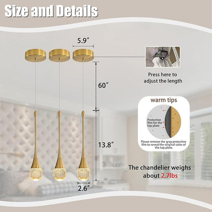 ykolupty Modern Crystal Pendant Light LED Dimmable Crystal Ceiling Pendant Lighting for Kitchen Island Dining Room Hallway Bedroom (Gold 3 Pack)
