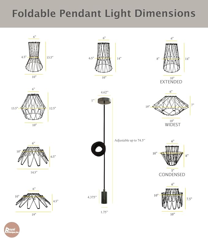 Royal Designs, Inc. Foldable Industrial Metal Pendant Light with Adjustable 7 ft Long Lamp Cord & Canopy, Create 9 Different Shapes, Black, Single