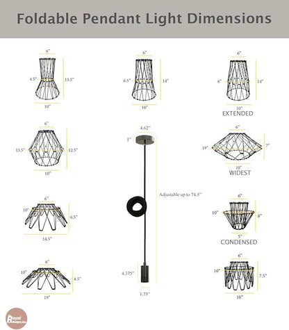 Royal Designs, Inc. Foldable Industrial Metal Pendant Light with Adjustable 7 ft Long Lamp Cord & Canopy, Create 9 Different Shapes, Gunmetal, Single