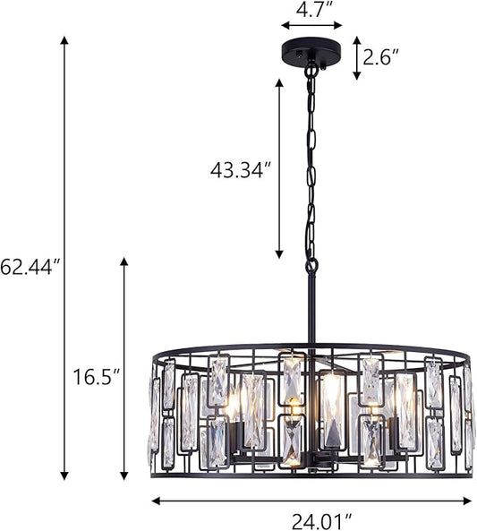 Wellmet Black Crystal Chandeliers 24in, 6 Lights Round Ceiling Light Fixture for Dining Room, Modern Farmhouse Drum Chandelier for Living Room, Bedroom, Bathroom, Kitchen, Entryway, Hallway