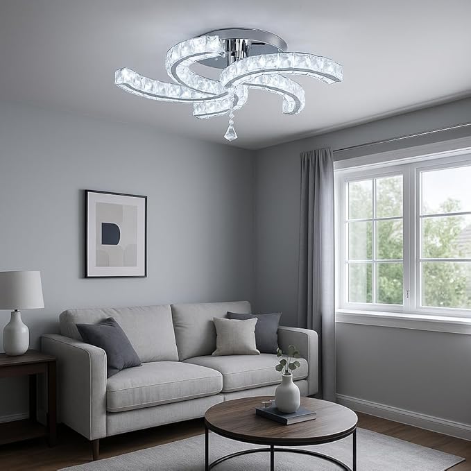 Finktonglan 19.7" Crystal Semi Flush Mount Ceiling Light, 5-Light LED Modern Chandelier, K9 Crystal & Acrylic, 25W, 6500K Cool White, Bedroom Living Room Dining Room Ceiling Lighting Fixture