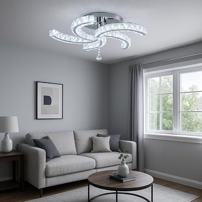 Finktonglan 19.7" Crystal Semi Flush Mount Ceiling Light, 5-Light LED Modern Chandelier, K9 Crystal & Acrylic, 25W, 6500K Cool White, Bedroom Living Room Dining Room Ceiling Lighting Fixture