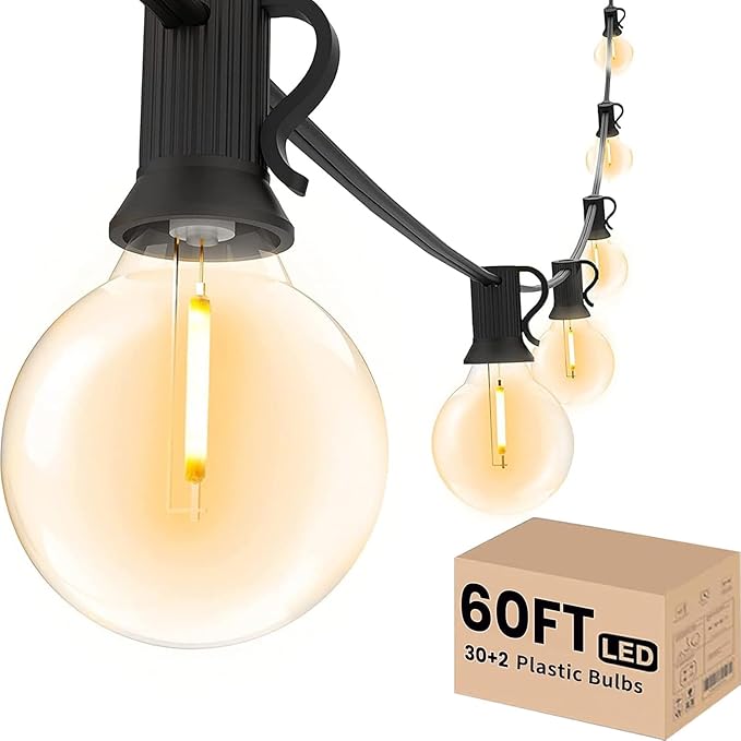 Svater Outdoor String Lights LED 60 FT, Patio Globe Lights with 32 Plastic G40 Bulbs, Waterproof Dimmable Outside Hanging Light for Backyard Bistro Cafe Porch Party Decor, 2700K Warm White