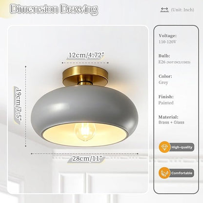 Mid Century Light Fixture Vintage Ceiling Light - Milk Glass Gray Shade Semi Flush Mount Ceiling Lights fixtures Gold Brass Flush Mount Lights for Entryway Foyer Hallway Hall Bedroom
