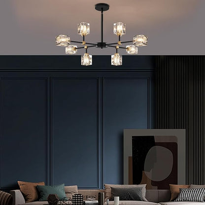 8-Light Black Crystal Chandelier Modern Sputnik Chandeliers for Dining Room Adjustable Height Sputnik Ceiling Light Fixture for Living Room Bedroom Kitchen Island