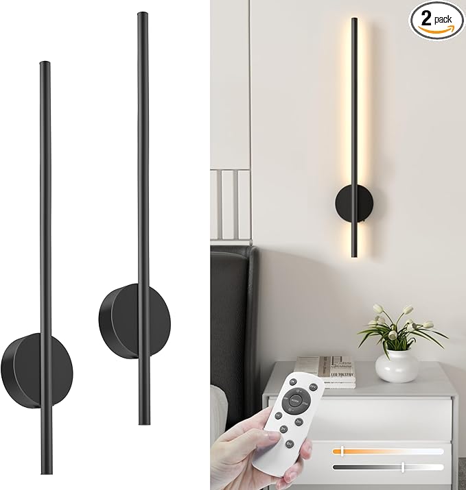 NIORSUN 27.6 Inch Battery Operated Wall Sconce Set of 2, Black Minimalism Rechargeable Wall Lights with Remote, 3CCT Dimmable Wireless Wall Lamp for Living Room Bedroom Hallway