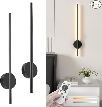NIORSUN 27.6 Inch Battery Operated Wall Sconce Set of 2, Black Minimalism Rechargeable Wall Lights with Remote, 3CCT Dimmable Wireless Wall Lamp for Living Room Bedroom Hallway