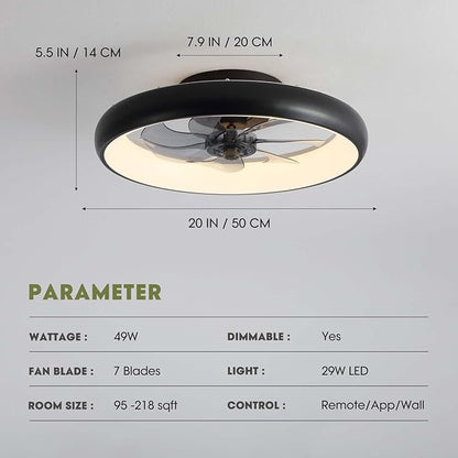 Ceiling Fans with Lights and Remote, 20'' Low Profile Flush Mount, 6 Wind Speeds, Modern Dimmable LED Ceiling Fan, Smart Ceiling Fan for Bedroom, Kids Room (Black)