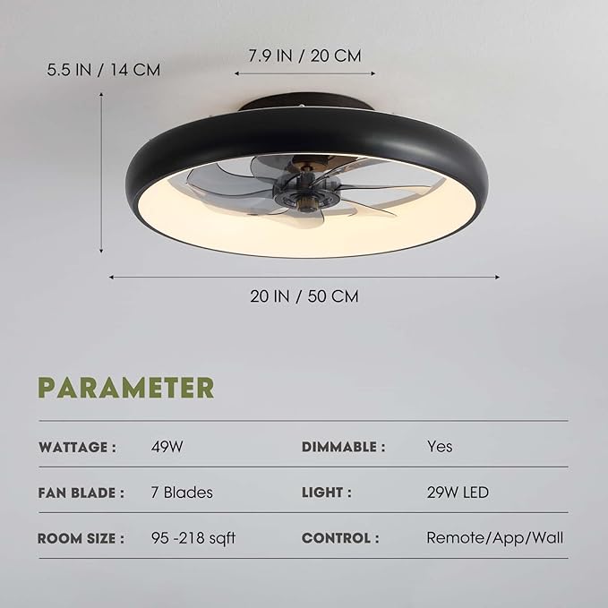 LUDOMIDE Ceiling Fans with Lights 20'' Flush Mount Fan Remote & APP Control Black Low Profile 6 Wind Speeds Smart Dimmable LED for Bedroom Living Room (Y1095-BK-ELE)