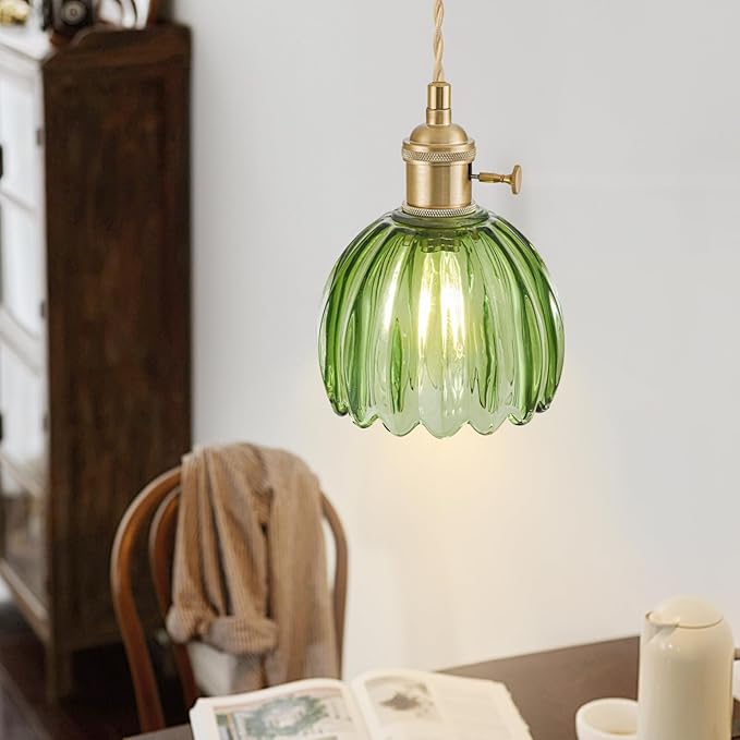 2 Pack Plug in Pendant Light Fixtures, Hanging Light Fixture Vintage Glass Pendant Light, Mini Green Tulip Hanging Lamp, Pendant Lighting for Kitchen Island, Bedroom, Dining Room, Living Room