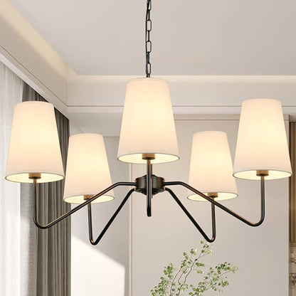 5-Light 30” Modern Chandelier with White Shades, Classic Pendant Ceiling Light Fixture for Dining Room, Black Chandelier with E12 Base Hanging Lamp for Living Room Hallway Bedroom, Height Adjustable