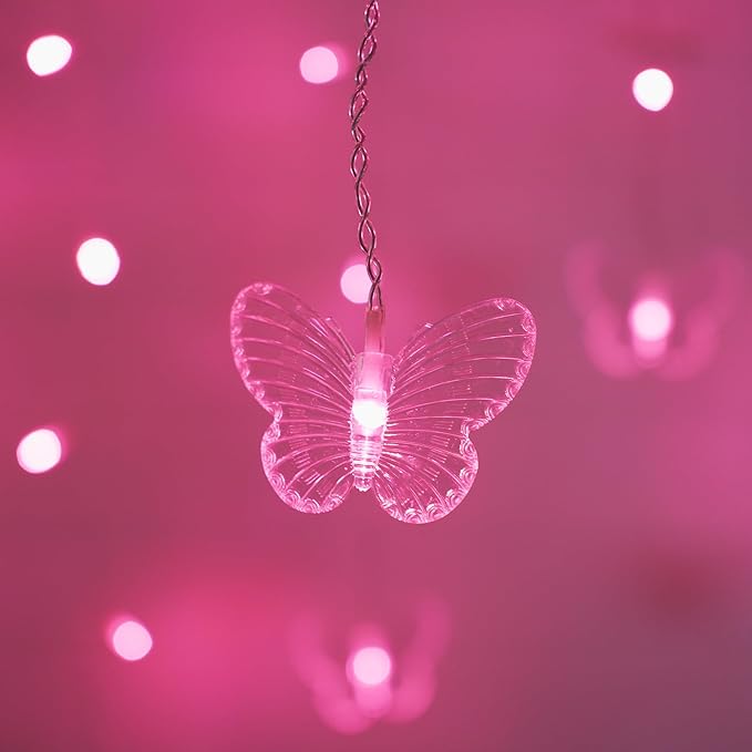 Butterfly Curtain Fairy Lights, 120LED Pink Twinkle String Lights with Romote, 8 Modes USB Powered Christmas Lights for Wedding, Bedroom, Party Decoration