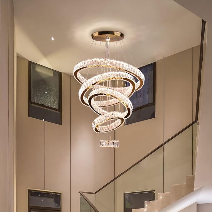 Dixun LED Big Crystal Chandeliers Modern 5 Rings Pendant Light Adjustable Ceiling Light for Bedroom Dinning Room Kitchen (Warm White)