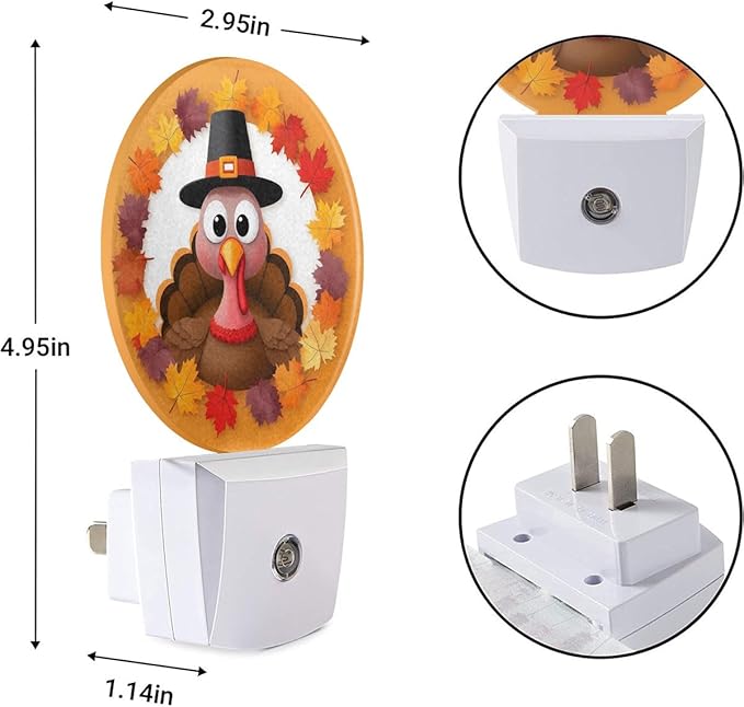EKOBLA Autumn Turkey Plug-in Night Light, Fall Turkey & Maple Leaf LED Nightlight with Dusk to Dawn Sensor for Bedroom, Bathroom & Kitchen