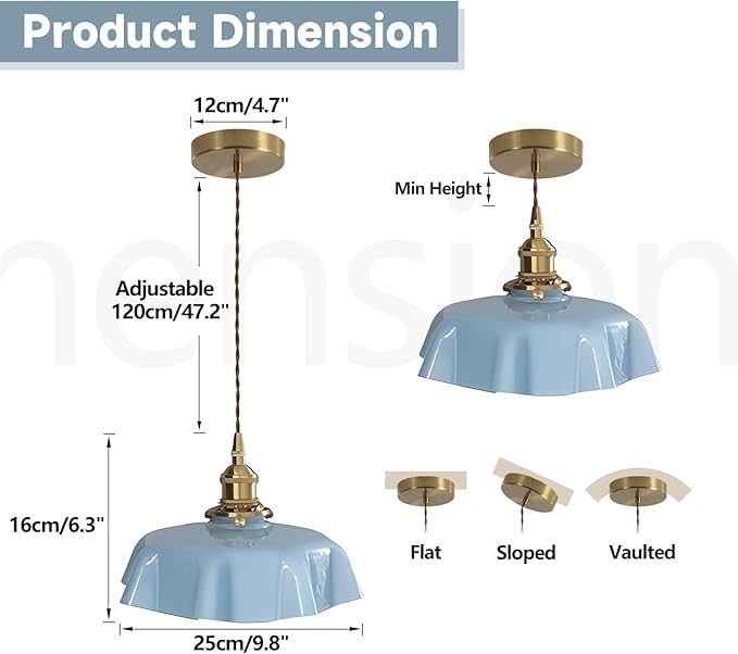 Gold Pendant Light with Vintage Glass Pendant Lampshade,Adjustable Height,E26 Base,Kitchen Dining Room Restaurant,Color Blue