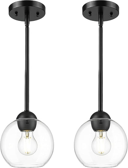 Emak 7 Inch Globe Pendant Light, Matte Black Pendant Light Fixtures with Clear Glass, 1-Light Hanging Lights for Kitchen, Bathroom, Bedroom, Hallway, 2 Pack, PL119-BK-2PK