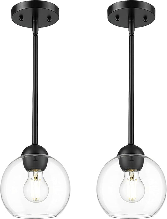 Emak 7 Inch Globe Pendant Light, Matte Black Pendant Light Fixtures with Clear Glass, 1-Light Hanging Lights for Kitchen, Bathroom, Bedroom, Hallway, 2 Pack, PL119-BK-2PK
