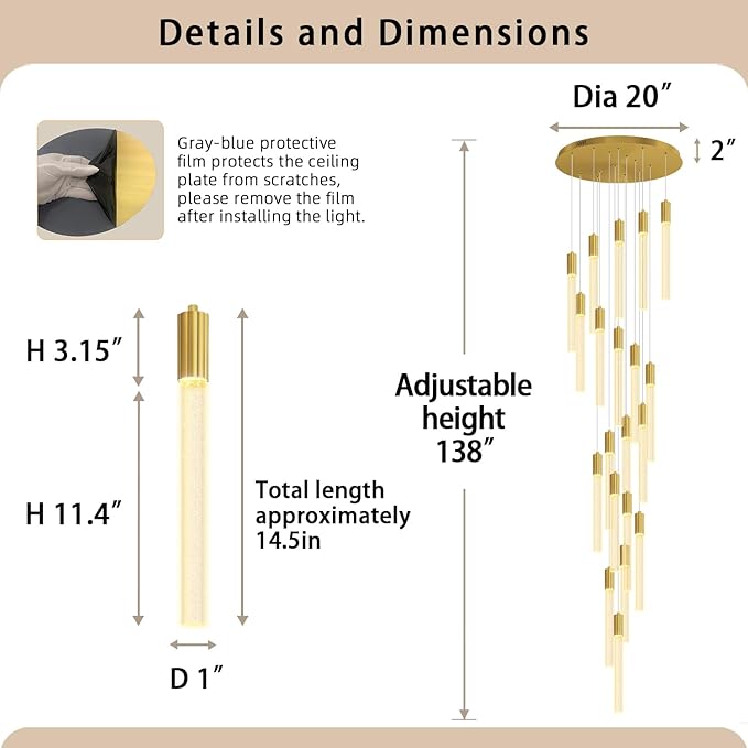 Modern Large Gold Crystal Chandelier Height Adjustable 20-Light High Ceiling Chandelier for Foyer Entryway Front Door Dimmable LED Ceiling Lighting Fixture