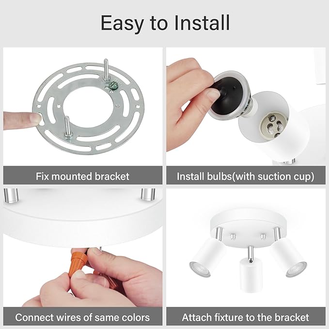 BoostArea LED 3 Light Track Lighting Kit, LED Track Lighting Fixtures, White Round Ceiling Spot Lighting, Flexibly Rotatable Light Head for Kitchen, Living Room, Bedroom, GU10 Bulb Not Included