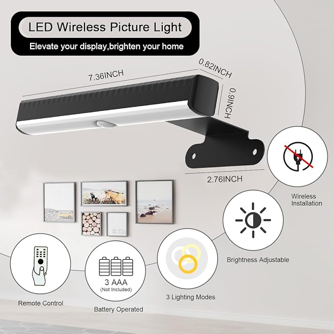 2PACK Picture Light LED Battery Operated Wall Light for Paintings,Wireless Dimmable Frame Light with Remote,3 Lighting Display Art Light Magnetic Timer Lights for Artwork Portrait Dartboard Wall Decor
