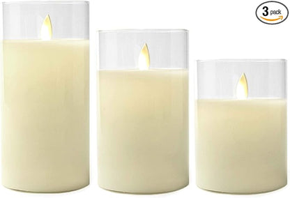 LumaBase Battery Operated Glass Hurricane LED Candles with Flickering Flame - Set of 3