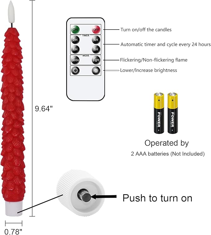 GenSwin Christmas Tree Flameless Taper Candles Flickering with Remote Timer, Real Wax LED Battery Operated Candles Warm 3D Wick Christmas Home Wedding Decor(Red, 0.78 X 9.64 Inch)