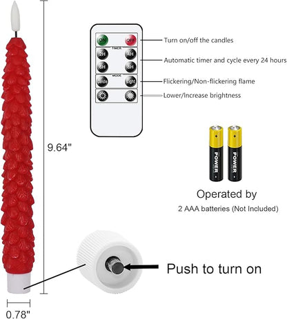 GenSwin Christmas Tree Flameless Taper Candles Flickering with Remote Timer, Real Wax LED Battery Operated Candles Warm 3D Wick Christmas Home Wedding Decor(Red, 0.78 X 9.64 Inch)